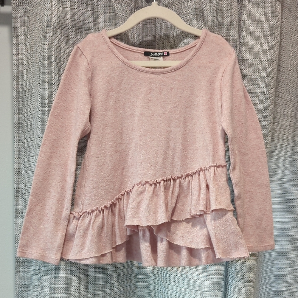 Pink Long Sleeve Tee with Asymmetrical Ruffle